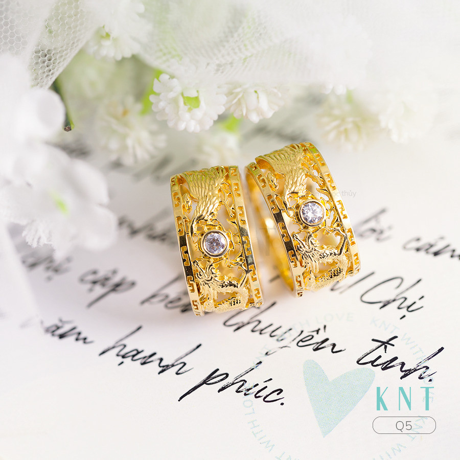 Nhẫn cưới rồng phụng Q5 bản nhẫn lớn, chạm khắc tinh tế