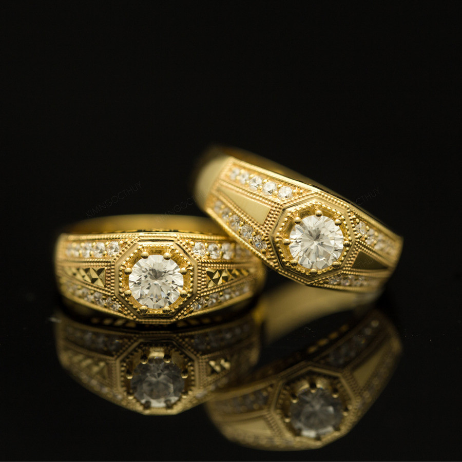 Nhẫn cưới J84 chất liệu vàng 10K/14K/607/18K, đính đá chủ nổi bật