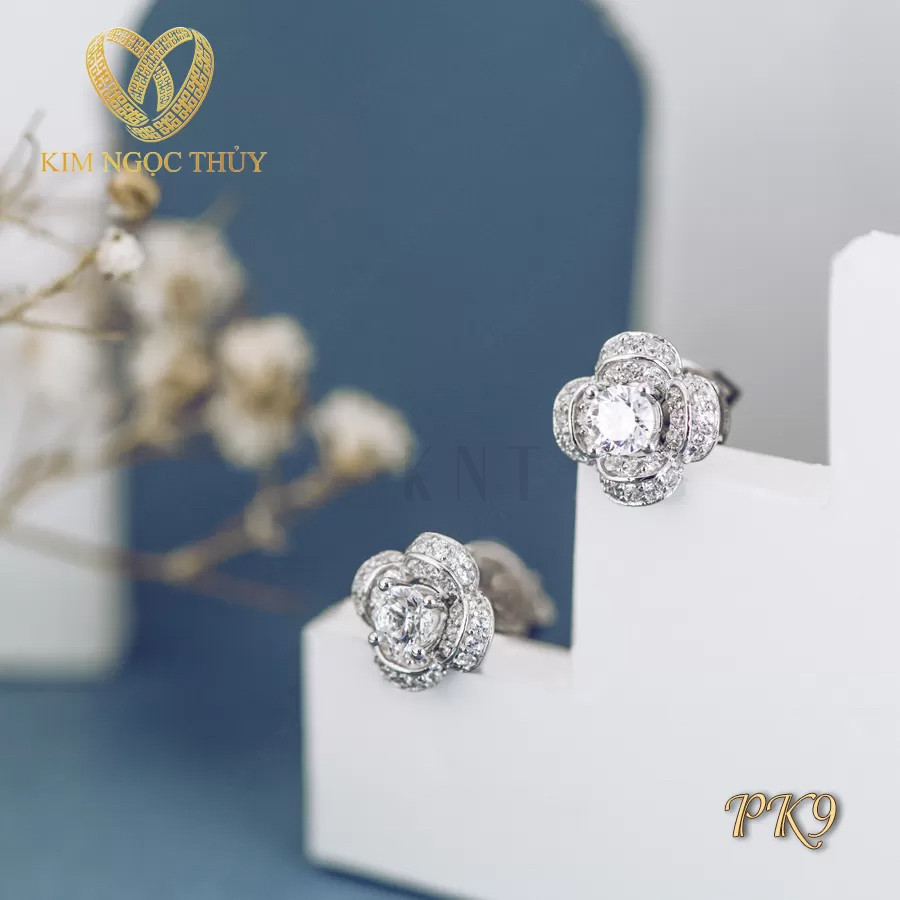 Bông tai PK9 vàng 14K cao cấp dáng hoa đính đá