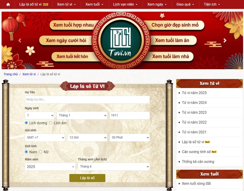 Giao diện một website tra cứu tuổi vợ chồng trực tuyến trên máy tính