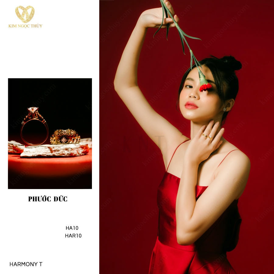 Nhẫn cưới Phước Đức với những đường nét uốn lượn mềm mại, đính đá tinh xảo