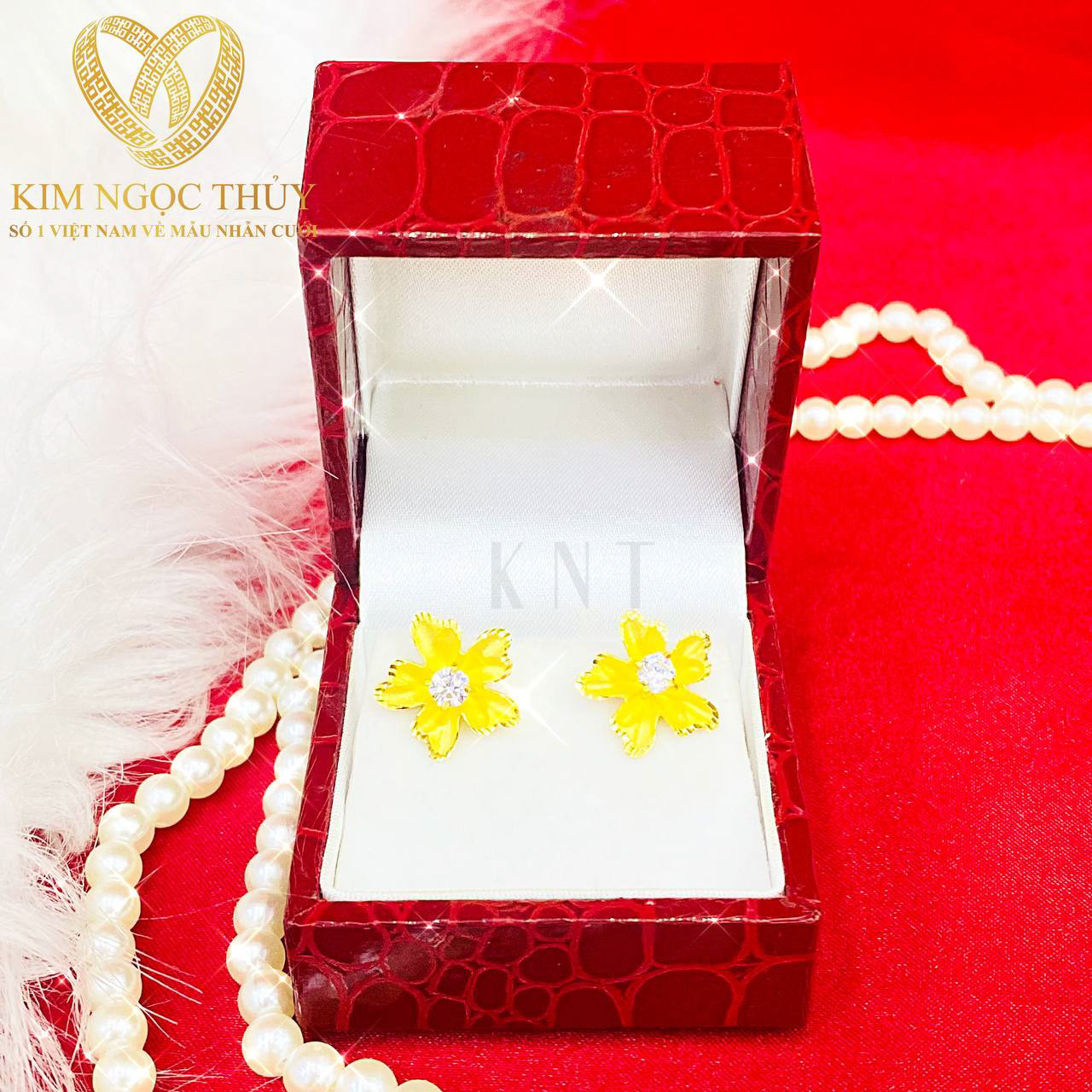 Bông tai cưới hoa mai 1 hột trắng vàng 24K