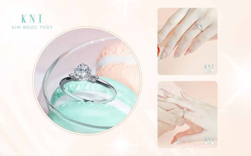 Nhẫn đính hôn thường có thiết kế với một viên đá lớn chủ đạo và các viên đá nhỏ kèm theo (có thể có hoặc không)