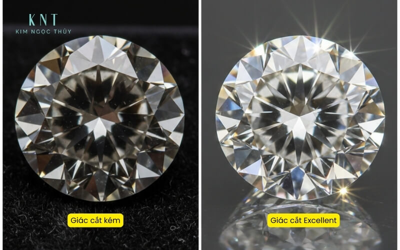 Bên trái là viên kim cương 1.0ct có giác cắt kém, bên phải là viên 0.9ct có giác cắt Excellent 