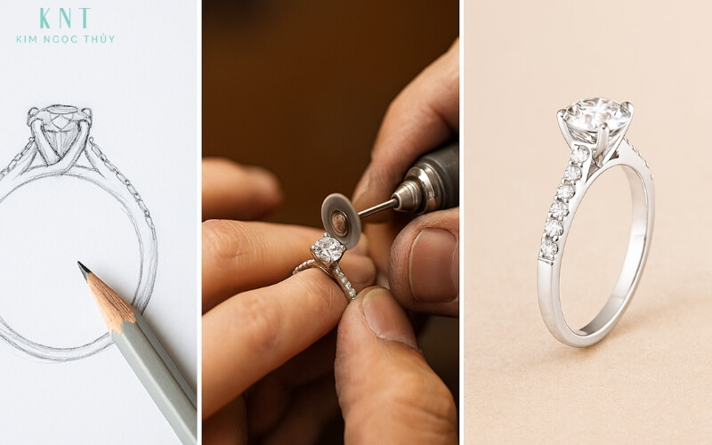 Bản phác thảo thiết kế nhẫn, nghệ nhân chế tác, và sản phẩm hoàn thiện