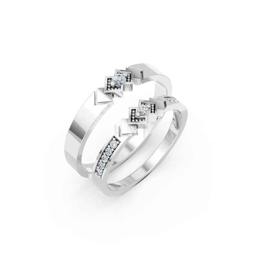 Nhẫn cưới A118 màu vàng trắng White Gold đính đá, kiểu dáng hiện đại, nổi bật