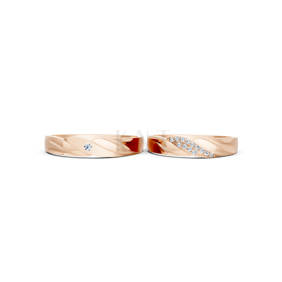 Nhẫn cưới E177 hiện đại với các đường xoắn uốn cong nhẹ nhàng màu vàng hồng Rose Gold cặp đôi, phong cách trẻ trung, nổi bật
