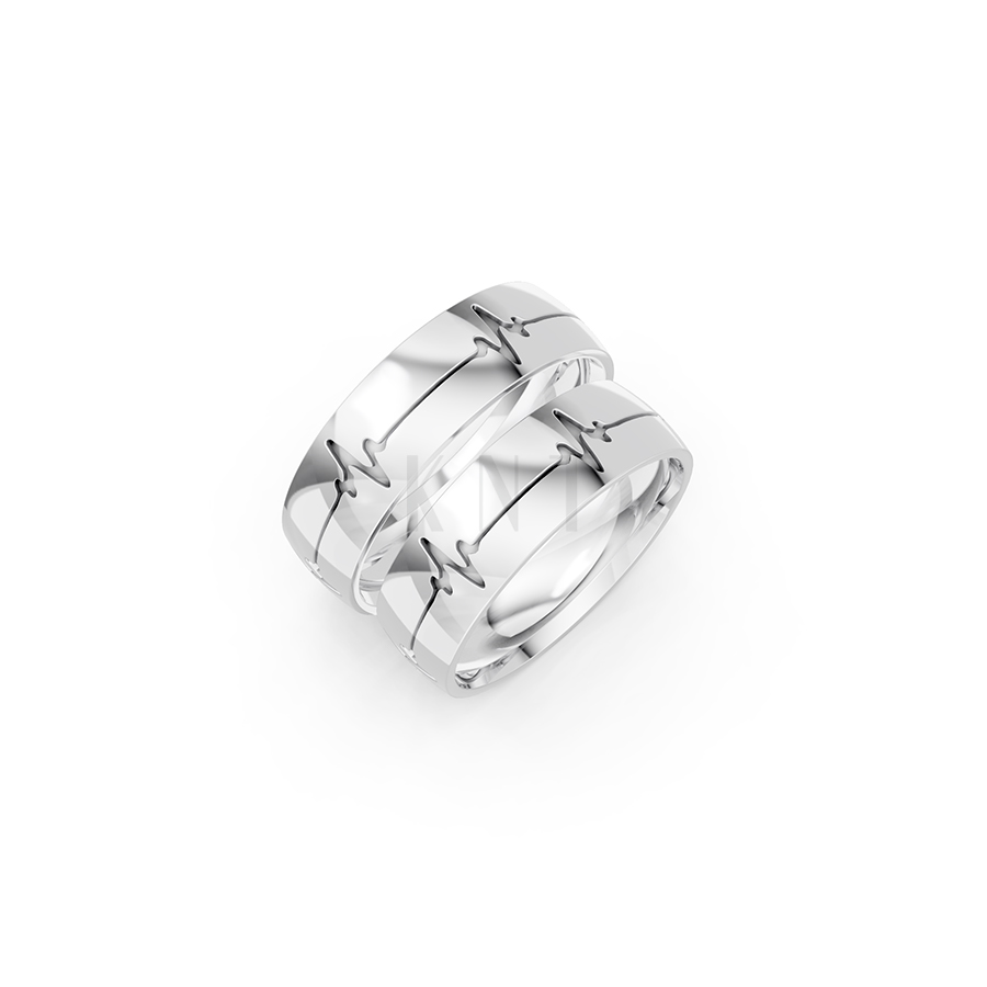 Nhẫn cưới E513 họa tiết nhịp tim độc đáo và cá tính màu vàng trắng White Gold đính đá, kiểu dáng hiện đại, nổi bật