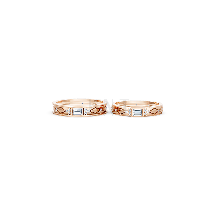 Nhẫn cưới E614 phong cách hiện đại, đá hình chữ nhật độc đáo màu vàng hồng Rose Gold thiết kế đối xứng, phong cách, ấn tượng