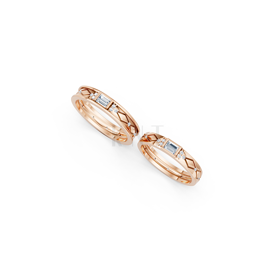 Nhẫn cưới E614 phong cách hiện đại, đá hình chữ nhật độc đáo màu vàng hồng Rose Gold cặp đôi, phong cách trẻ trung, nổi bật