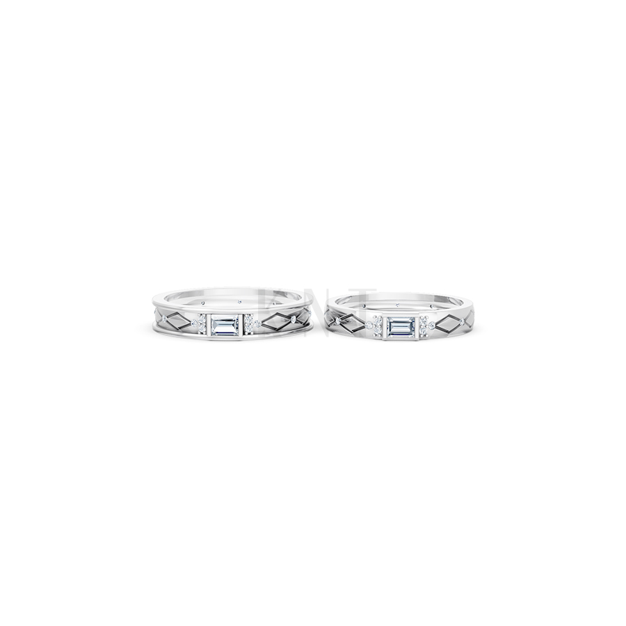 Nhẫn cưới E614 phong cách hiện đại, đá hình chữ nhật độc đáo màu vàng trắng White Gold vàng sáng bóng, thiết kế trẻ trung