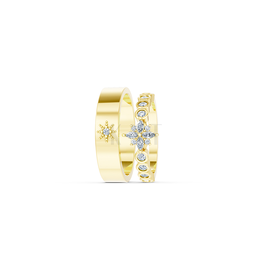 Nhẫn cưới E815 hoạ tiết hình sao độc đáo, phong cách màu Vàng Gold đính đá trắng, thiết kế phá cách, sang trọng