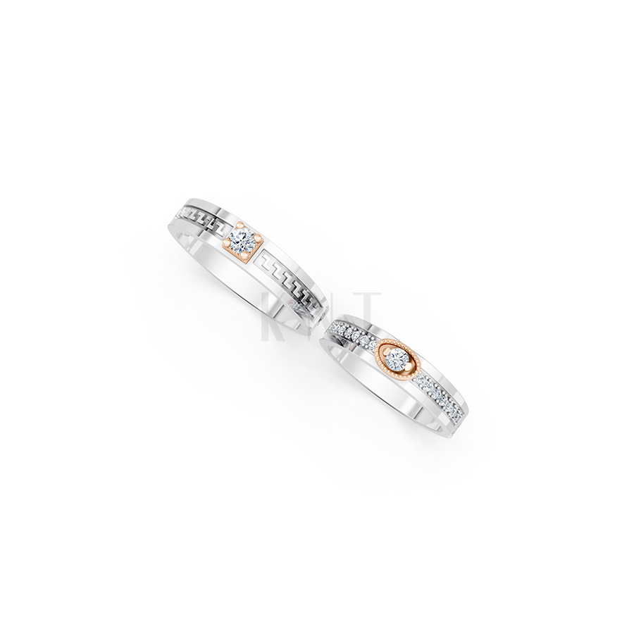 Nhẫn cưới E818 đường nét tinh xảo, đính đá lấp lánh phối màu Dual Color vàng đẹp, họa tiết hình học, độc đáo