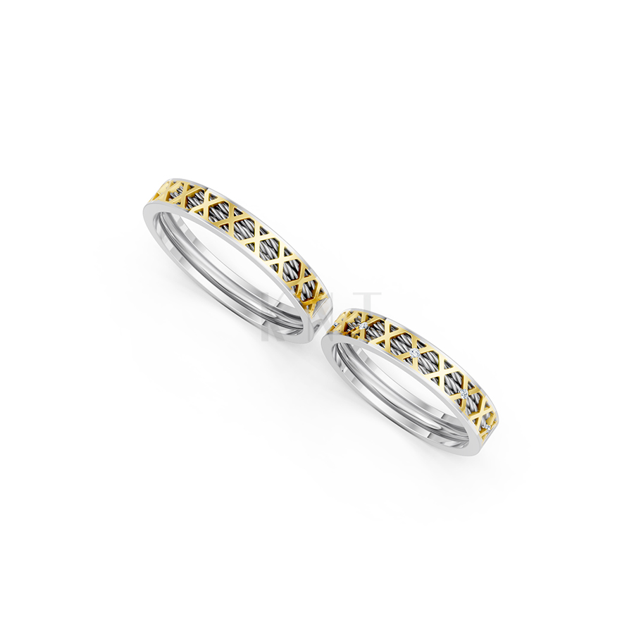 Nhẫn cưới E823 hoạ tiết đá đính quanh thân nhẫn phối màu Dual Color cặp đôi, phong cách trẻ trung, nổi bật