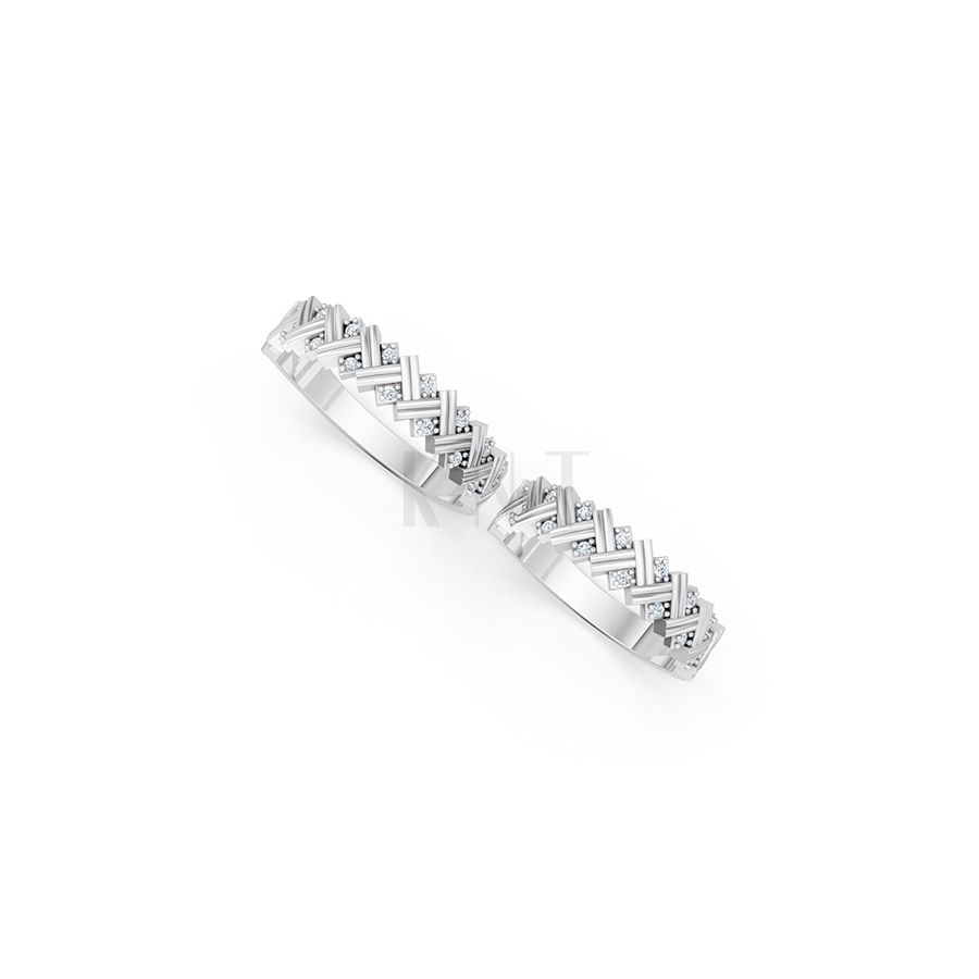 Nhẫn cưới E827 họa tiết đan chéo độc đáo và hiện đại màu vàng trắng White Gold kiểu dáng cá tính, hiện đại