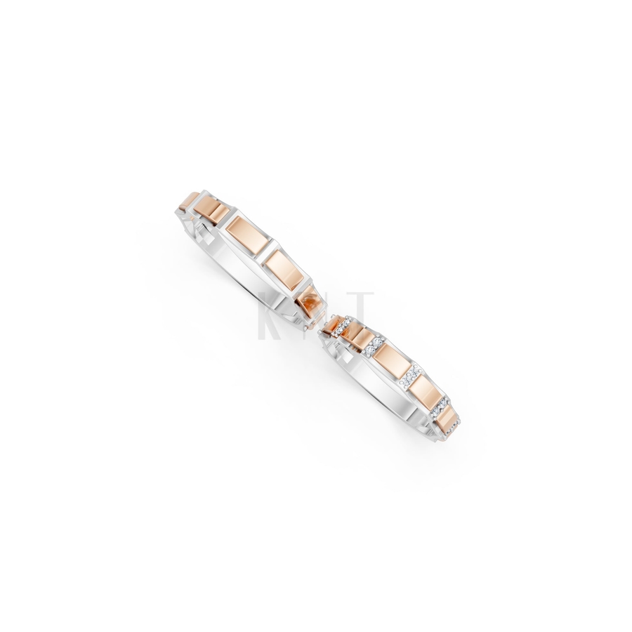 Nhẫn cưới E831 phong cách hiện đại, đính đá đan xen phối màu Dual Color vàng đẹp, họa tiết hình học, độc đáo