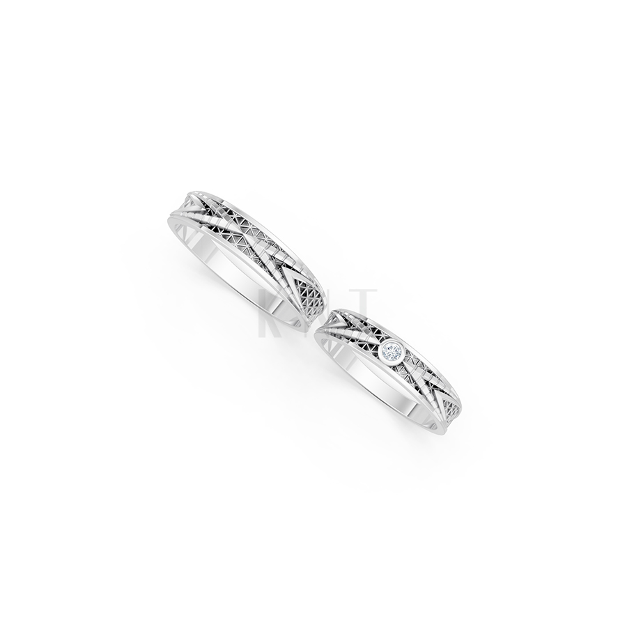 Nhẫn cưới E837 phong cách cổ điển, họa tiết lưới đan xen màu vàng trắng White Gold kiểu dáng cá tính, hiện đại