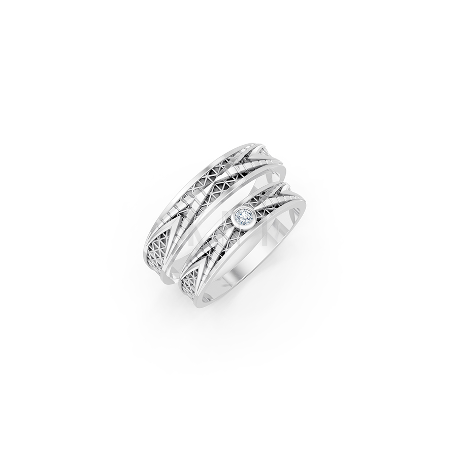 Nhẫn cưới E837 phong cách cổ điển, họa tiết lưới đan xen màu vàng trắng White Gold kiểu dáng hiện đại, nổi bật