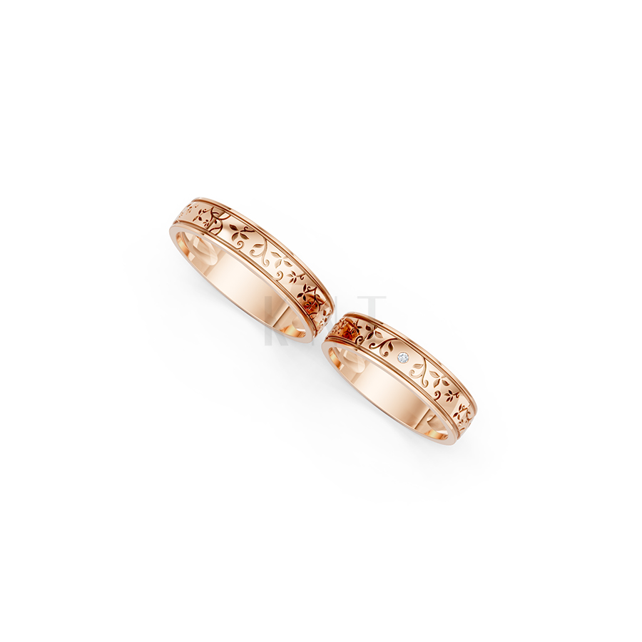 Nhẫn cưới E838 họa tiết hoa lá, phong cách cổ điển màu vàng hồng Rose Gold thiết kế đối xứng, phong cách, ấn tượng