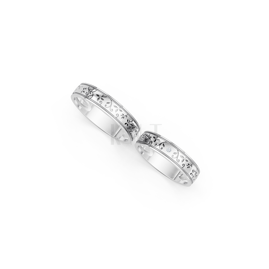 Nhẫn cưới E838 họa tiết hoa lá, phong cách cổ điển màu vàng trắng White Gold kiểu dáng cá tính, hiện đại