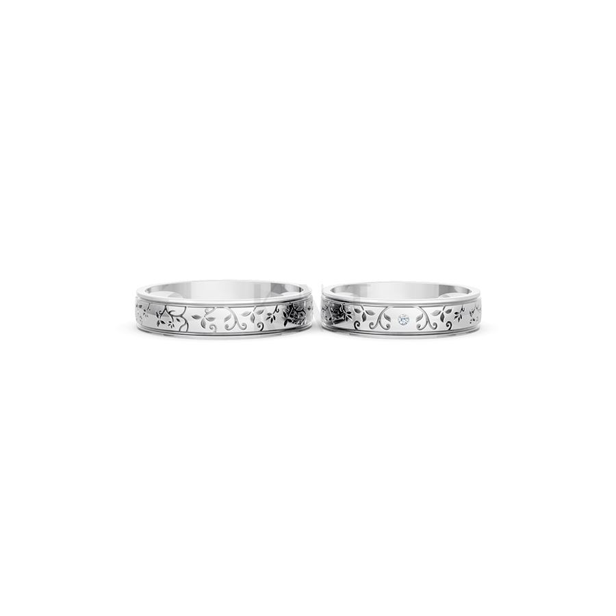 Nhẫn cưới E838 họa tiết hoa lá, phong cách cổ điển màu vàng trắng White Gold vàng sáng bóng, thiết kế trẻ trung