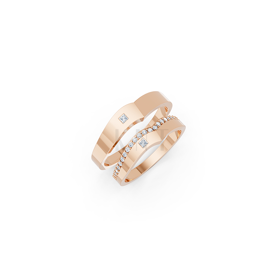 Nhẫn cưới E839 dáng chữ V độc đáo, phong cách hiện đại màu vàng hồng Rose Gold họa tiết ấn tượng, cá tính
