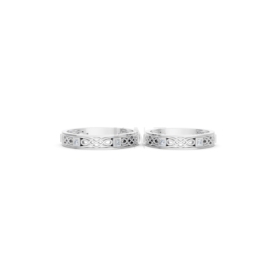 Nhẫn cưới E842 phong cách hiện đại, họa tiết đan chéo màu vàng trắng White Gold vàng sáng bóng, thiết kế trẻ trung
