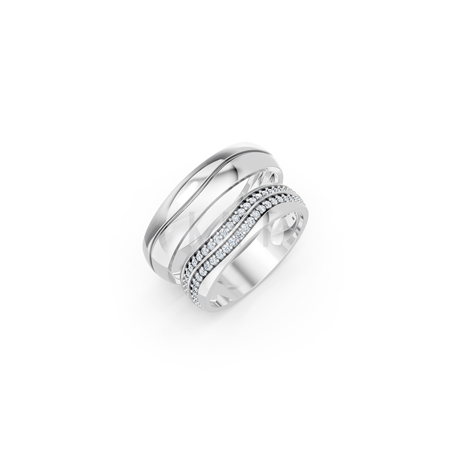 Nhẫn cưới E843 bản nhẫn lớn cá tính, đính đá sang trọng màu vàng trắng White Gold kiểu dáng hiện đại, nổi bật