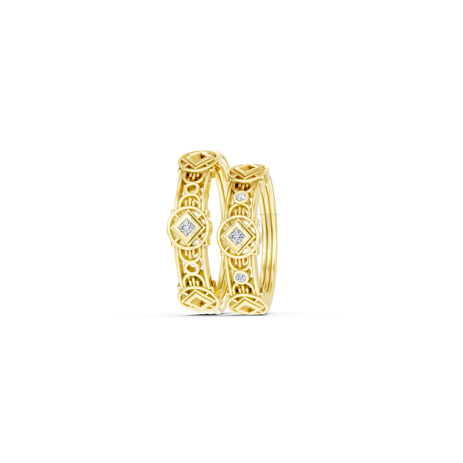 Nhẫn cưới E847 phong cách cổ điển, hình học đối xứng màu Vàng Gold vàng 10K/14K/18K/607 đính đá nhỏ, thanh lịch