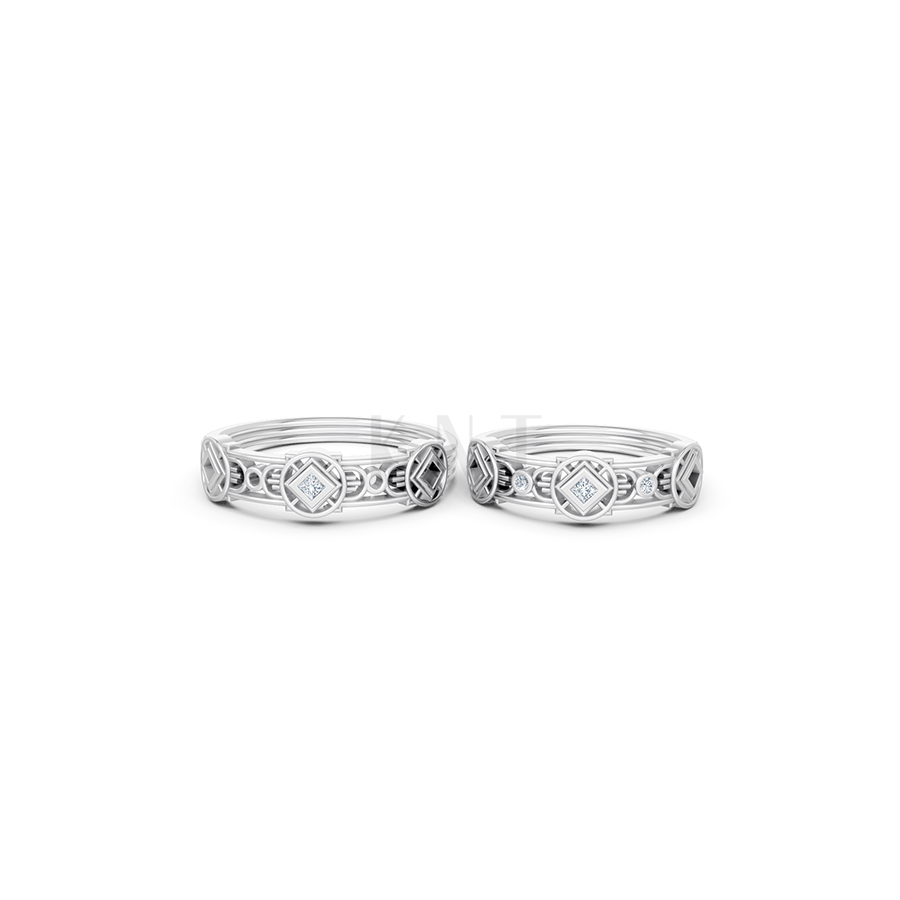 Nhẫn cưới E847 phong cách cổ điển, hình học đối xứng màu vàng trắng White Gold vàng sáng, đường nét sắc sảo, tinh tế