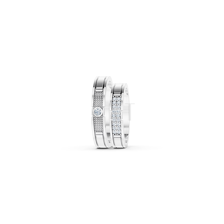 Nhẫn cưới E853 phong cách hiện đại, họa tiết lưới độc đáo màu vàng trắng White Gold vàng sáng bóng, thiết kế trẻ trung