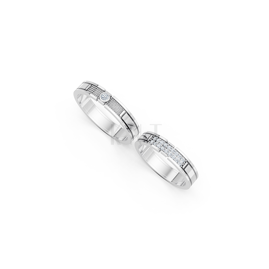 Nhẫn cưới E853 phong cách hiện đại, họa tiết lưới độc đáo màu vàng trắng White Gold vàng sáng, đường nét sắc sảo, tinh tế