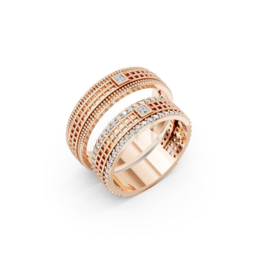 Nhẫn cưới E863 họa tiết lưới vuông tinh xảo và hiện đại màu vàng hồng Rose Gold họa tiết ấn tượng, cá tính