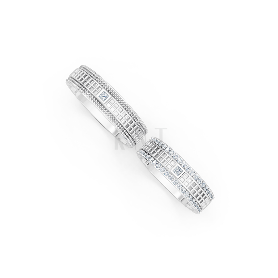 Nhẫn cưới E863 họa tiết lưới vuông tinh xảo và hiện đại màu vàng trắng White Gold kiểu dáng cá tính, hiện đại