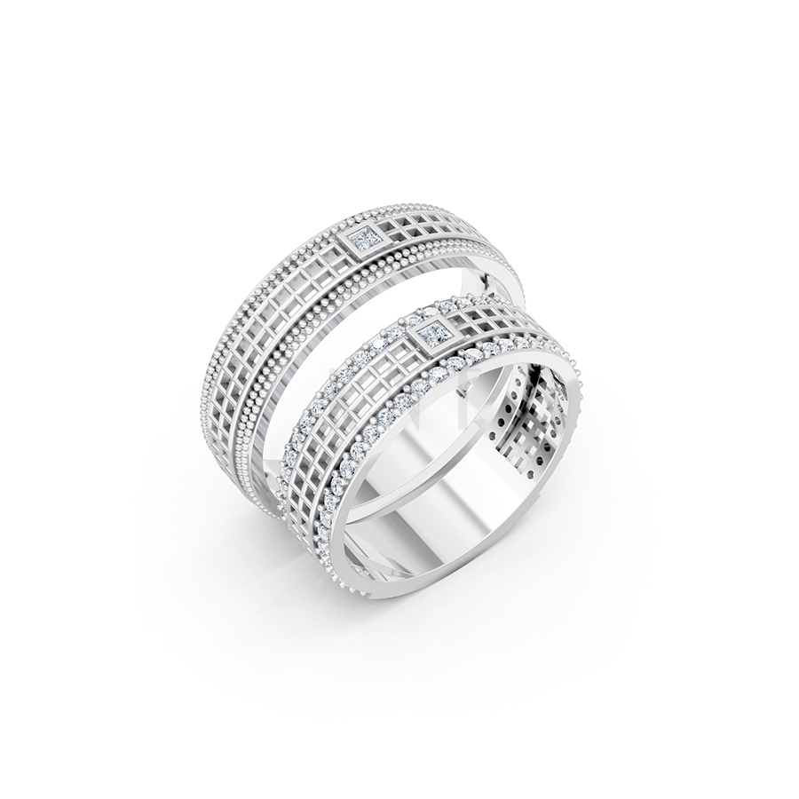 Nhẫn cưới E863 họa tiết lưới vuông tinh xảo và hiện đại màu vàng trắng White Gold kiểu dáng hiện đại, nổi bật