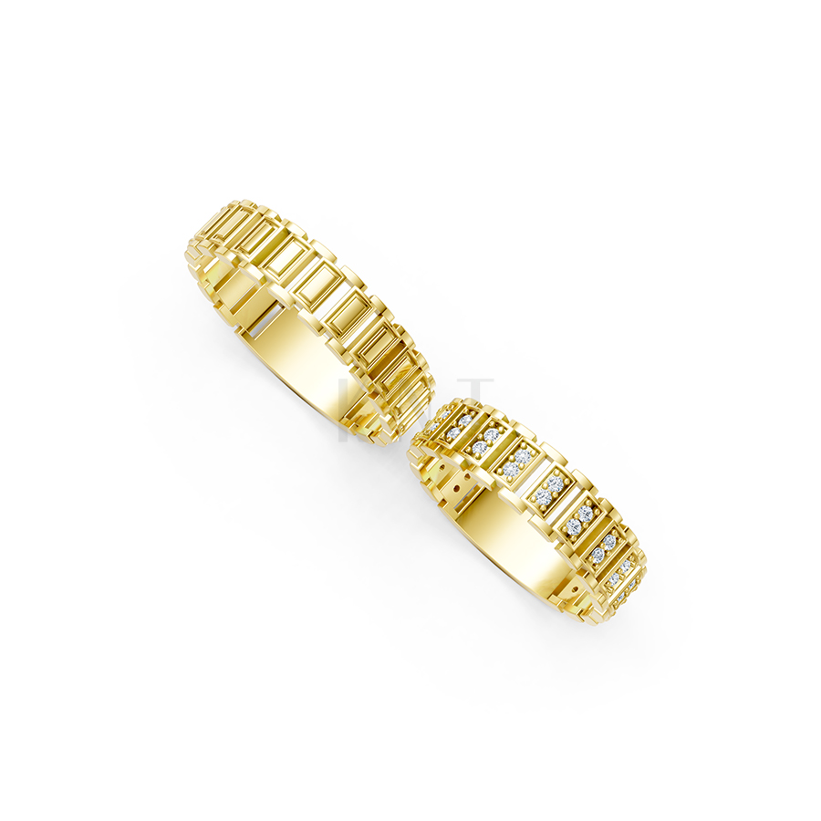 Nhẫn cưới E864 thiết kế độc đáo với phong cách hình học màu Vàng Gold vàng 10K/14K/18K/607 đính đá nhỏ, thanh lịch