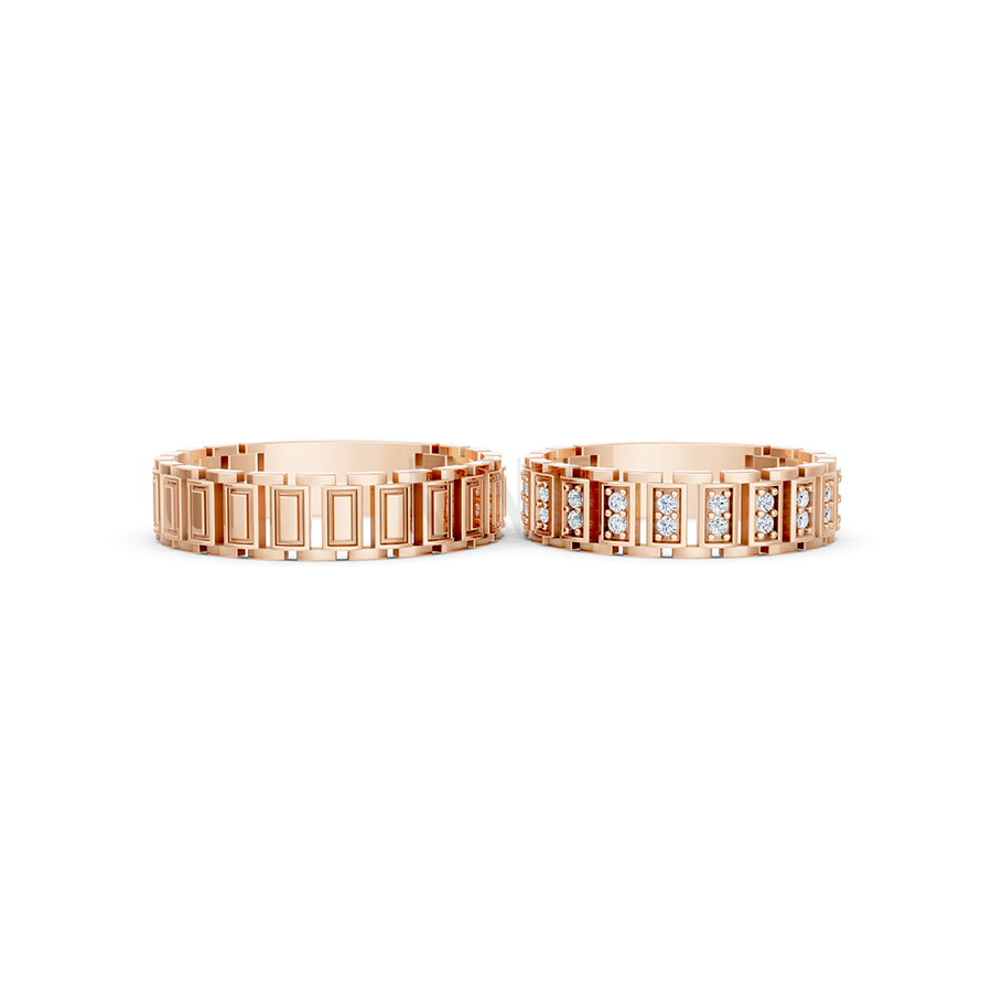 Nhẫn cưới E864 thiết kế độc đáo với phong cách hình học màu vàng hồng Rose Gold thiết kế đối xứng, phong cách, ấn tượng