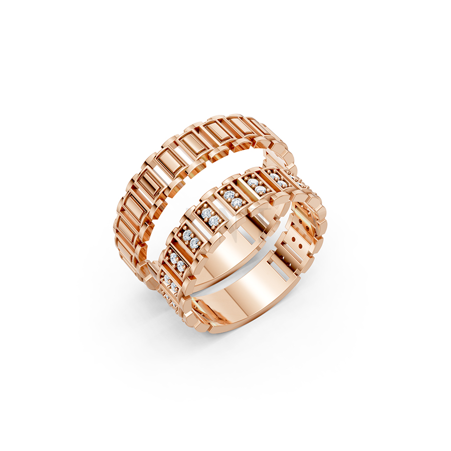 Nhẫn cưới E864 thiết kế độc đáo với phong cách hình học màu vàng hồng Rose Gold họa tiết ấn tượng, cá tính