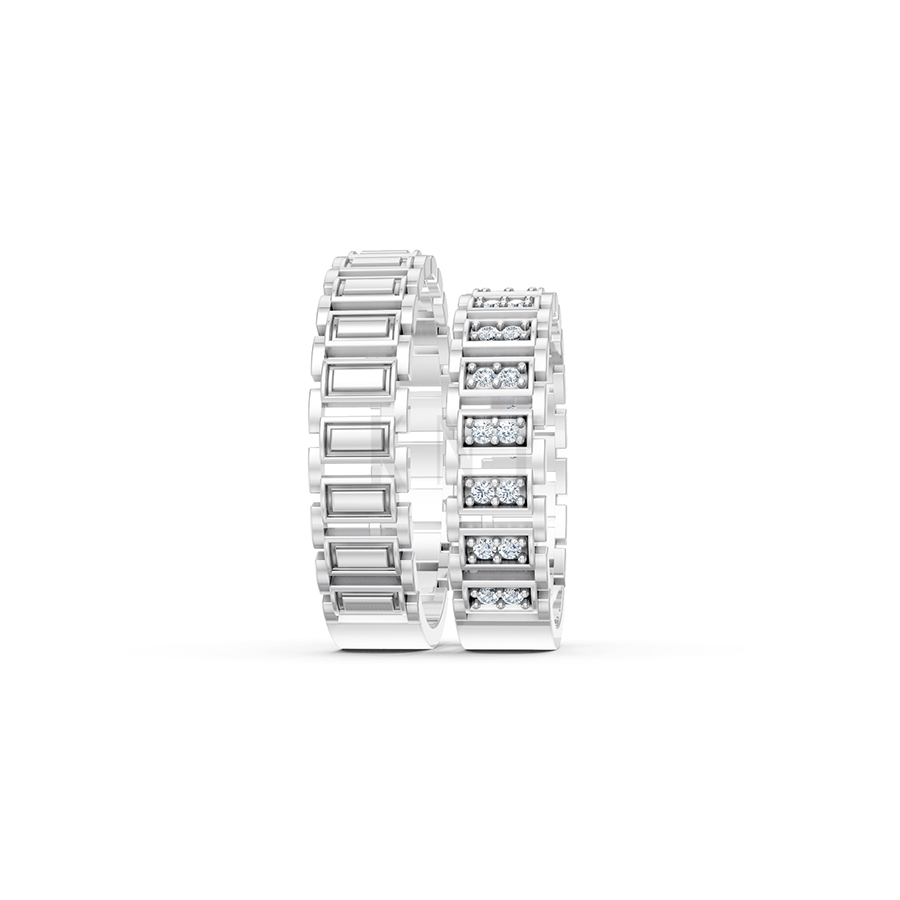 Nhẫn cưới E864 thiết kế độc đáo với phong cách hình học màu vàng trắng White Gold vàng sáng, đường nét sắc sảo, tinh tế