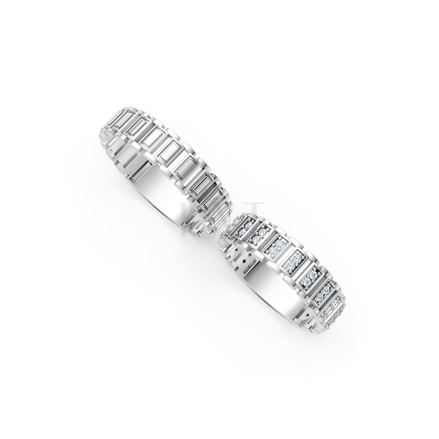 Nhẫn cưới E864 thiết kế độc đáo với phong cách hình học màu vàng trắng White Gold kiểu dáng cá tính, hiện đại