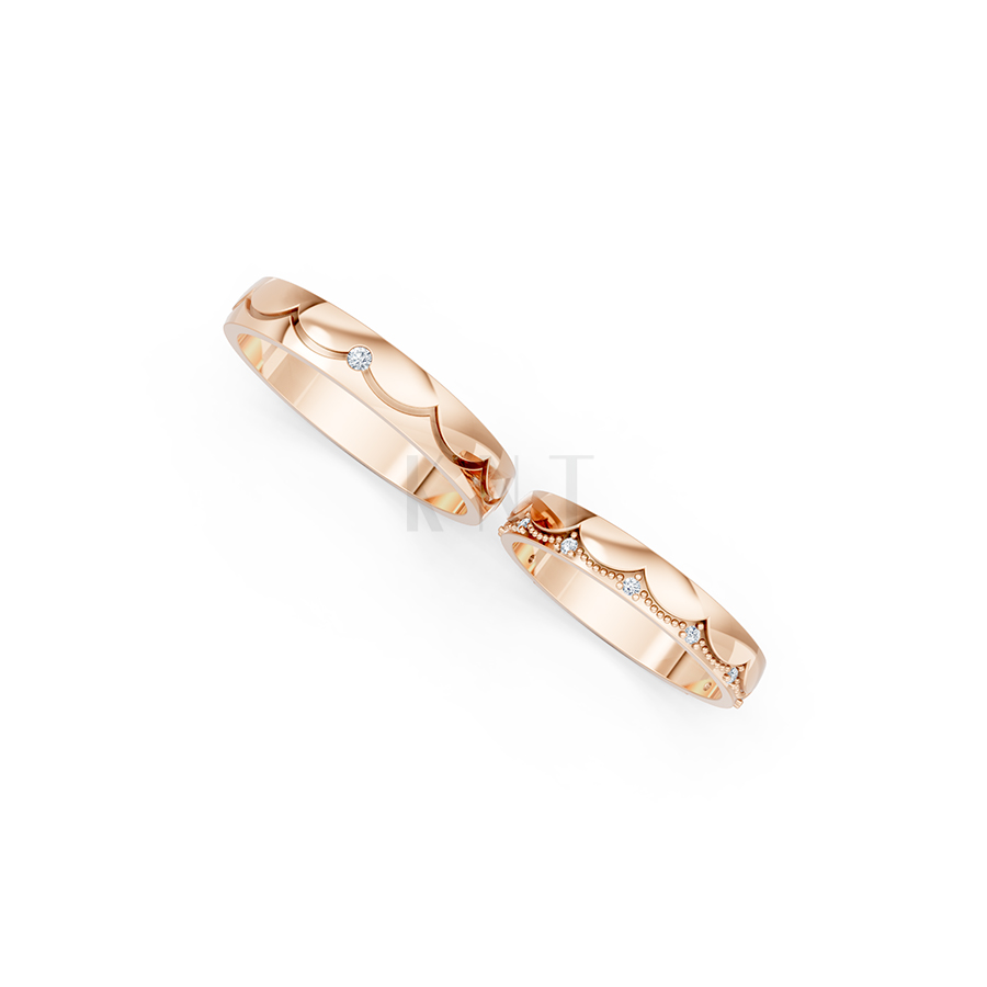 Nhẫn cưới E869 phong cách hiện đại, họa tiết sóng uốn lượn tinh tế màu vàng hồng Rose Gold thiết kế đối xứng, phong cách, ấn tượng