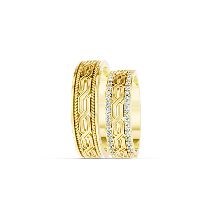 Nhẫn cưới E872 bản nhẫn lớn, họa tiết lục giác tinh xảo màu Vàng Gold mặt nhẫn chạm khắc tinh xảo, độc đáo