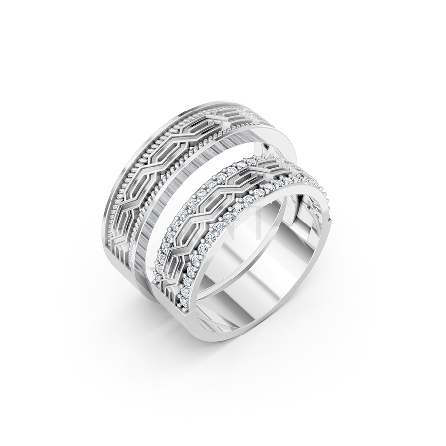 Nhẫn cưới E872 bản nhẫn lớn, họa tiết lục giác tinh xảo màu vàng trắng White Gold kiểu dáng hiện đại, nổi bật