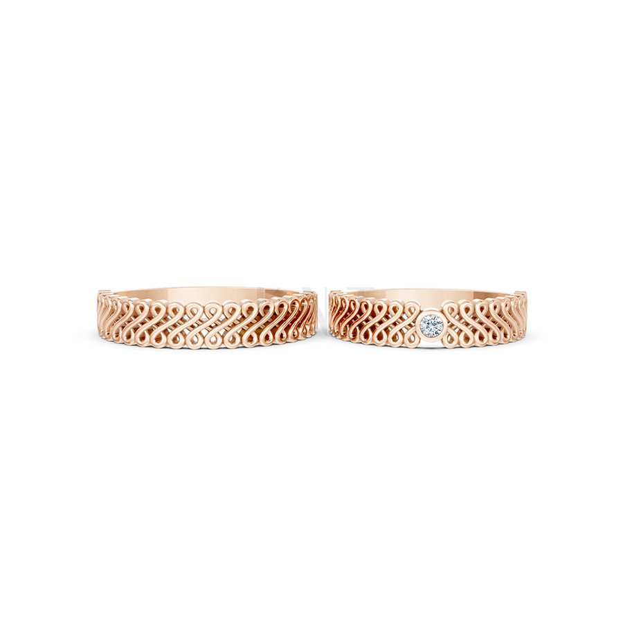Nhẫn cưới E875 họa tiết mắt xích đan xen tinh tế và hiện đại màu vàng hồng Rose Gold thiết kế đối xứng, phong cách, ấn tượng