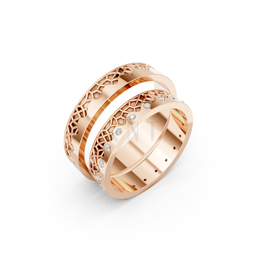 Nhẫn cưới E882 họa tiết hình khối đan xen độc đáo và hiện đại màu vàng hồng Rose Gold họa tiết ấn tượng, cá tính