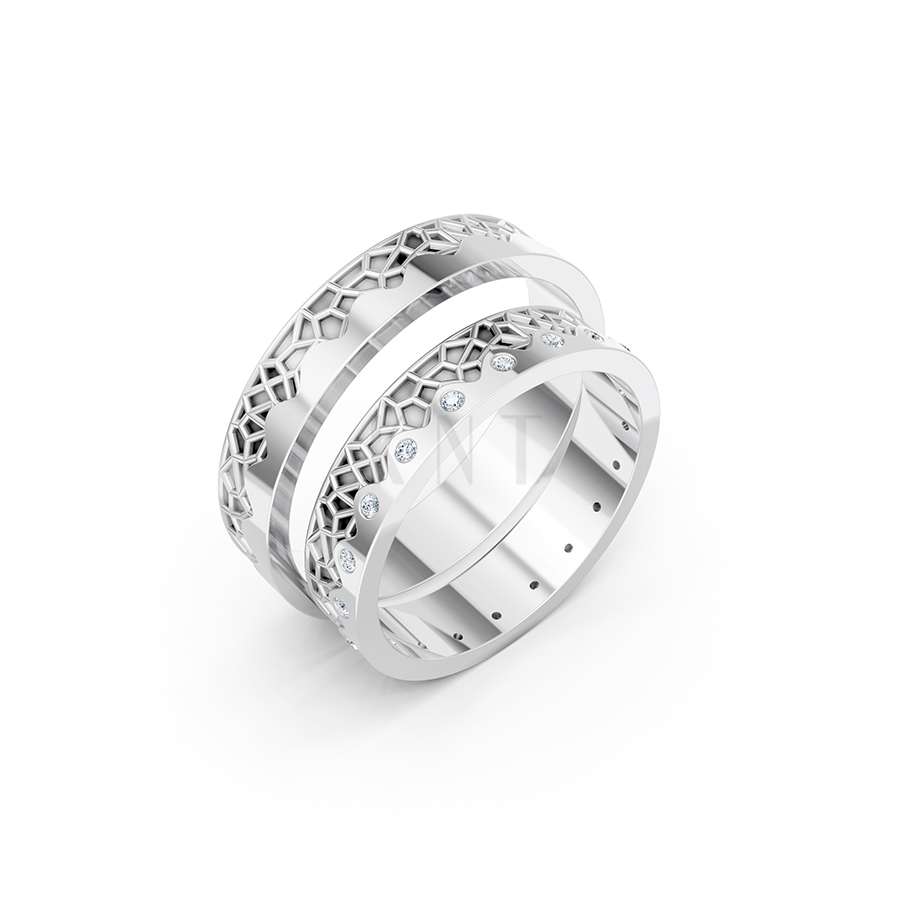 Nhẫn cưới E882 họa tiết hình khối đan xen độc đáo và hiện đại màu vàng trắng White Gold kiểu dáng hiện đại, nổi bật