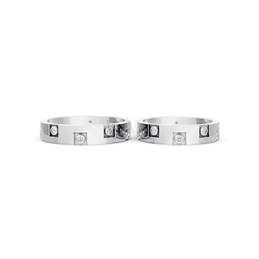 Nhẫn cưới E883 phong cách hiện đại, đính đá tròn lấp lánh màu vàng trắng White Gold vàng sáng bóng, thiết kế trẻ trung