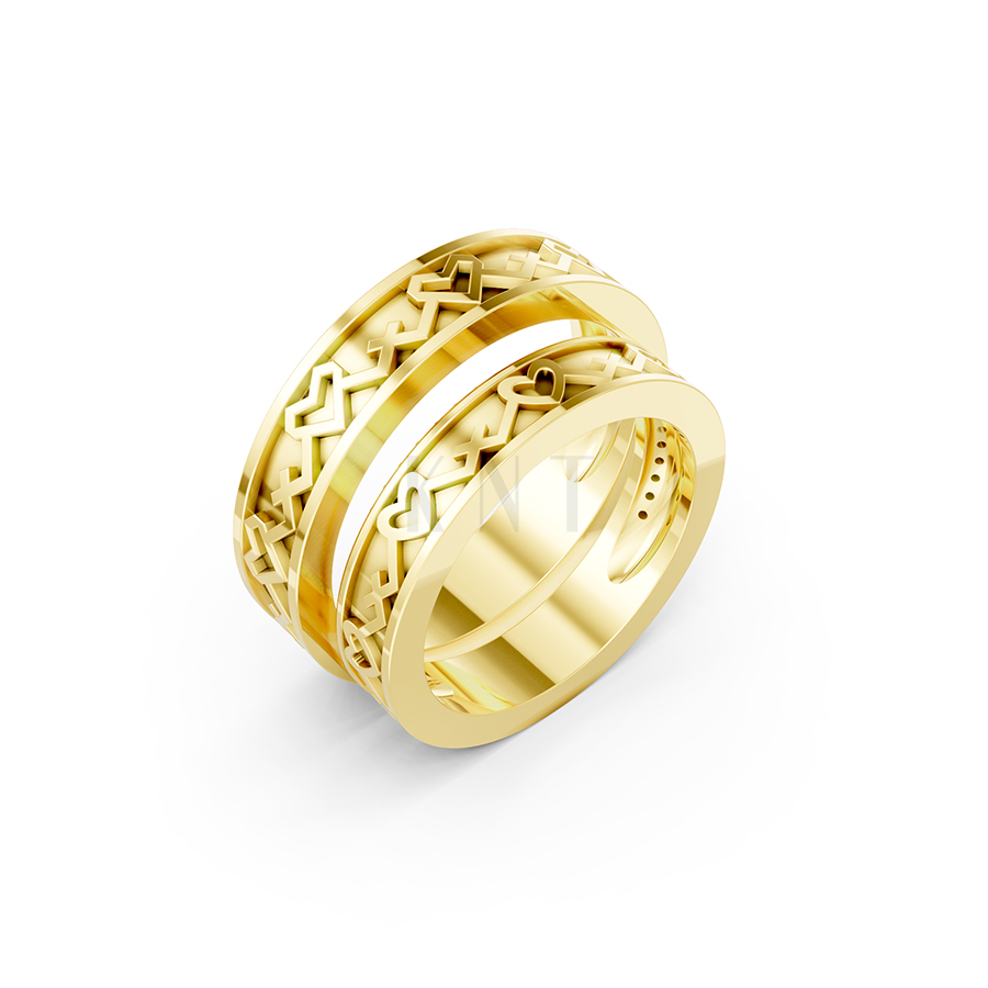 Nhẫn cưới E888 họa tiết trái tim đan xen quanh thân nhẫn màu Vàng Gold thiết kế tinh tế, sang trọng