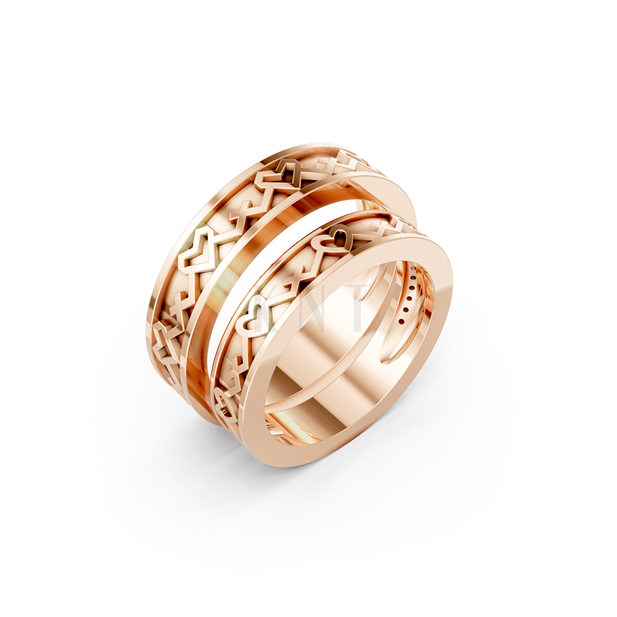 Nhẫn cưới E888 họa tiết trái tim đan xen quanh thân nhẫn màu vàng hồng Rose Gold họa tiết ấn tượng, cá tính
