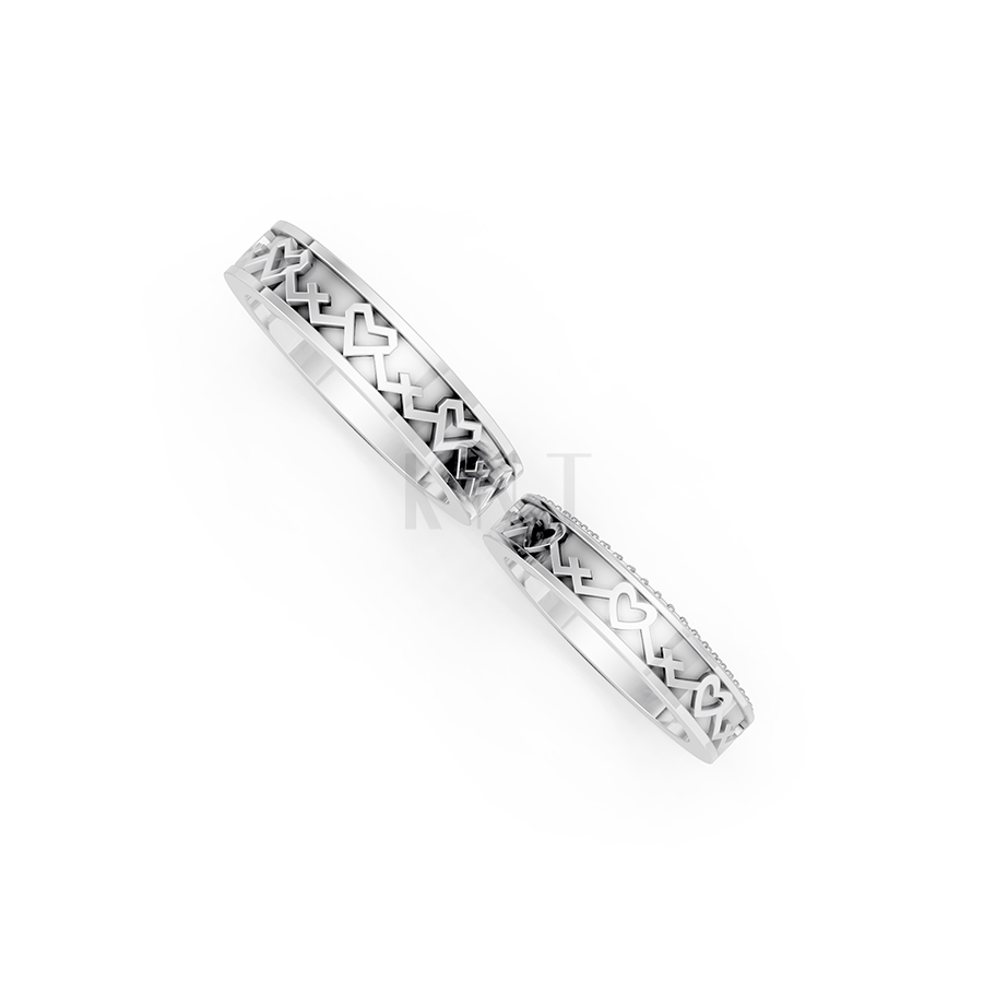 Nhẫn cưới E888 họa tiết trái tim đan xen quanh thân nhẫn màu vàng trắng White Gold kiểu dáng cá tính, hiện đại